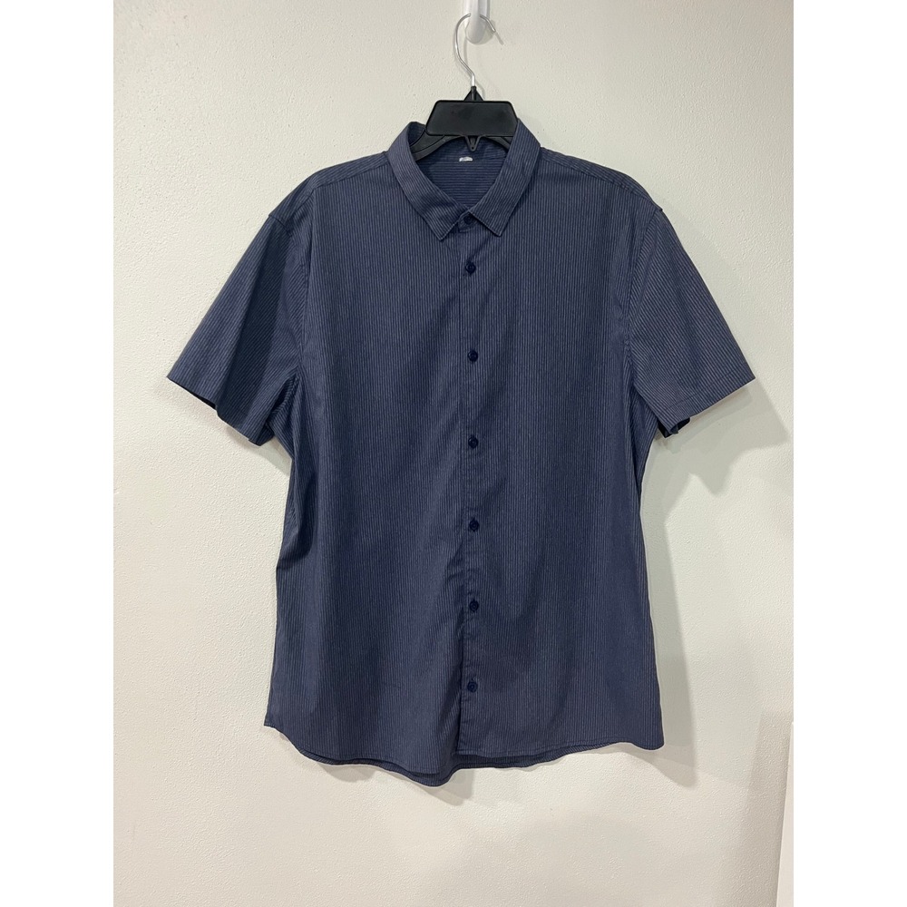 Lululemon Commission Short Sleeve Shirt Mens XL Navy Blue Micro Stripe Button Up
